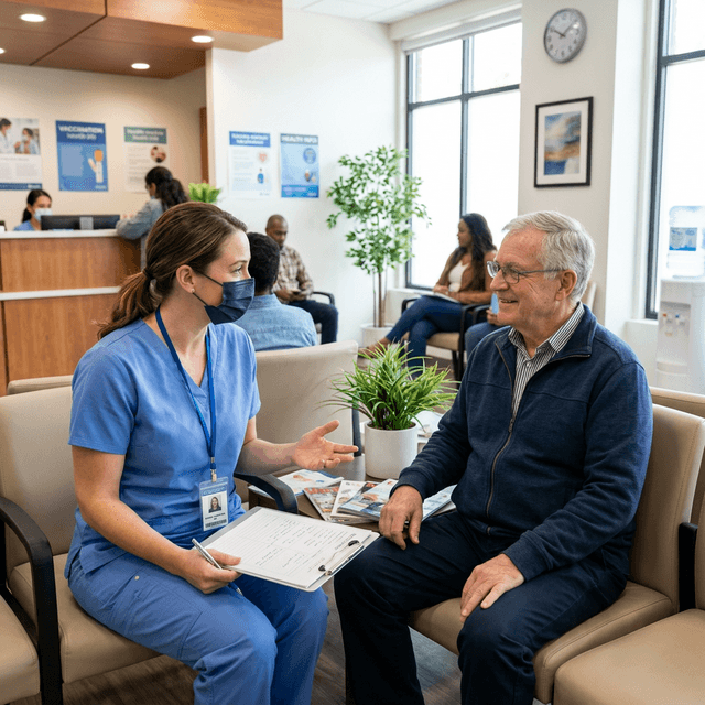 Nurse discussing with a patient in waiting area